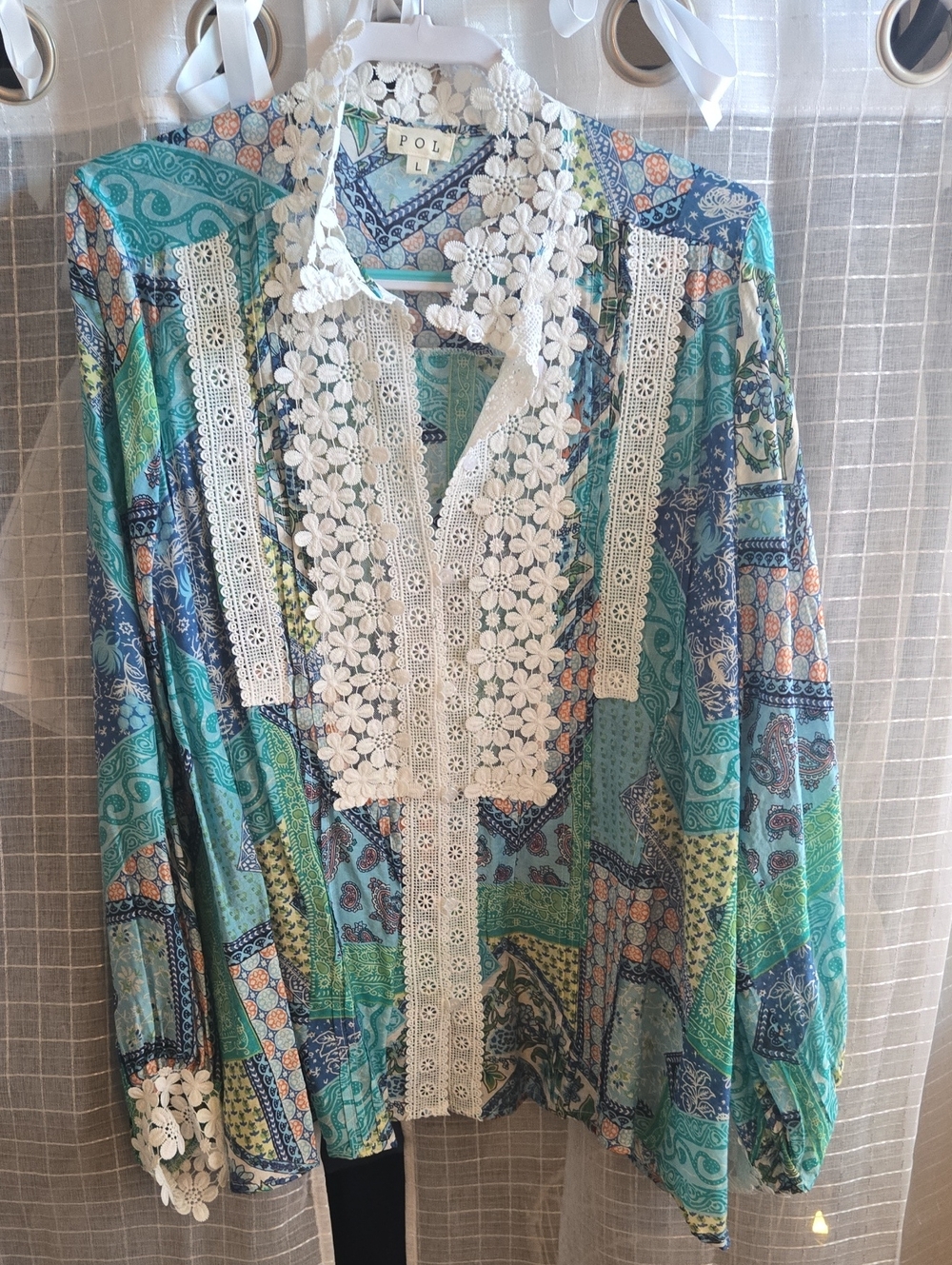 POL Teal Multi Patchwork Blouse with White Lace Trim